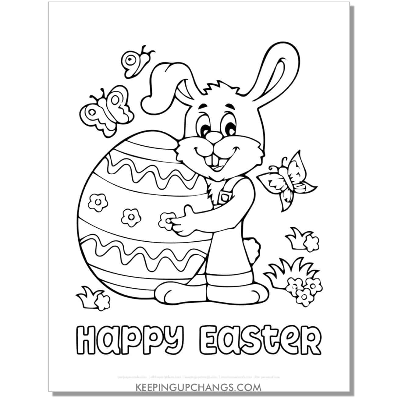 happy easter bunny with egg and butterflies coloring page, sheet.