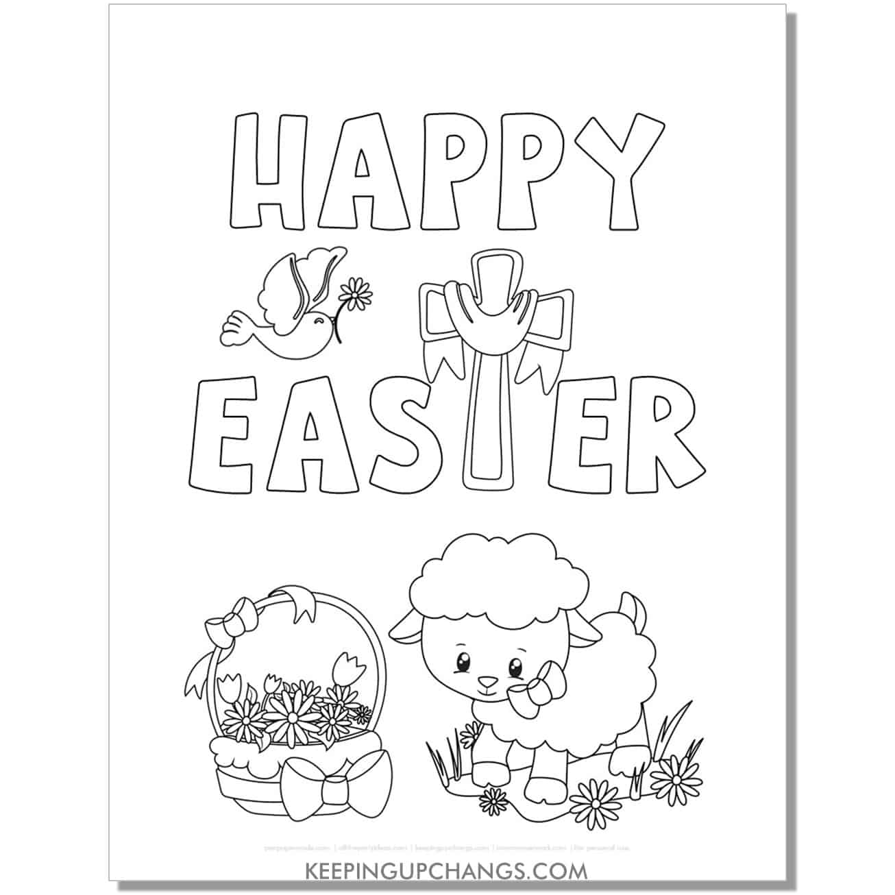 happy easter with cross, dove, lamb, basket religious easter coloring page, sheet