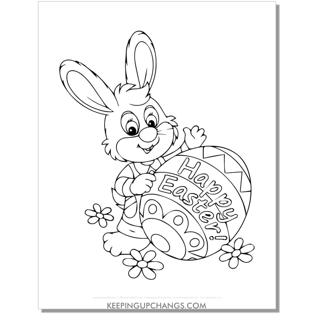 happy easter egg with bunny waving hello coloring page, sheet.