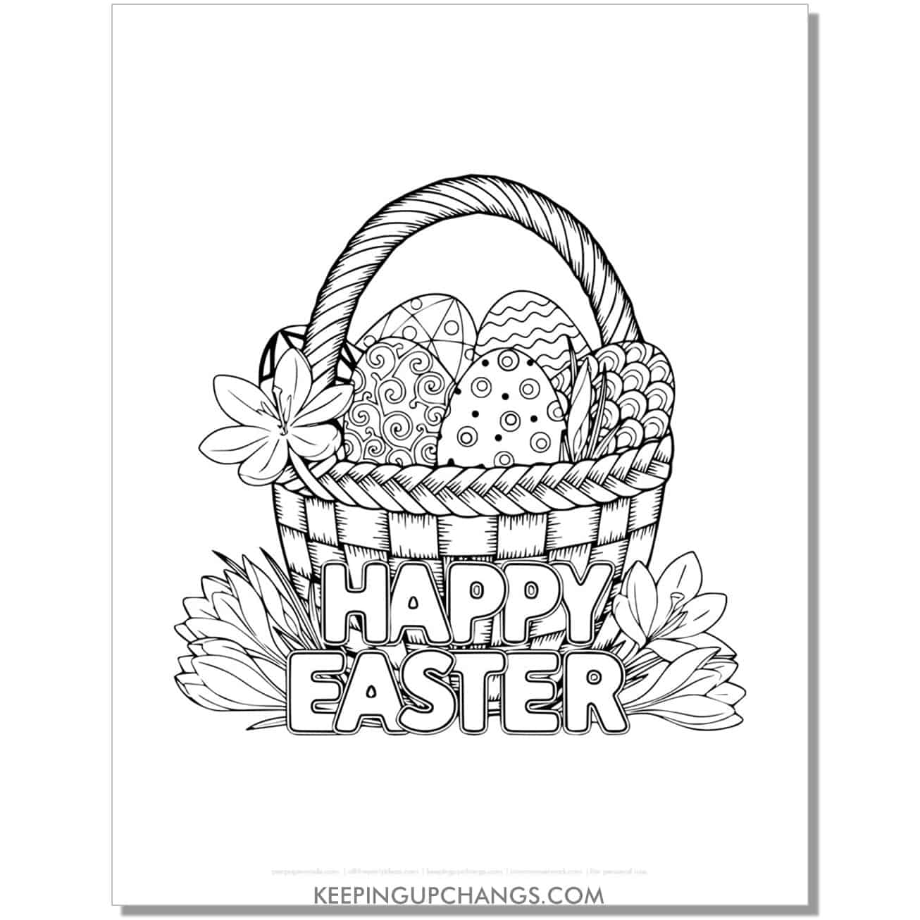 intricate Easter basket with eggs coloring page, sheet for adults.