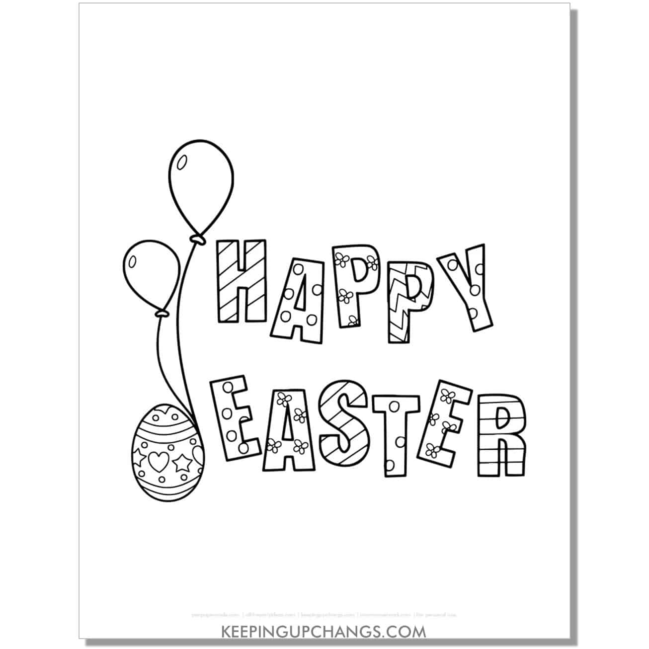 happy easter letters with balloons coloring page, sheet.