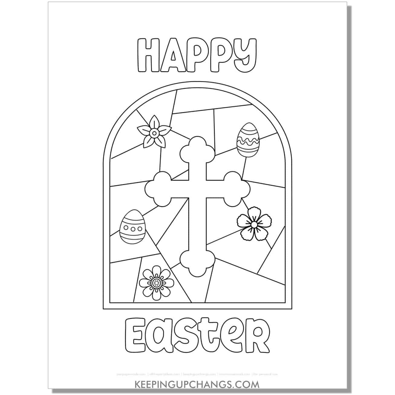 happy easter stained glass cross with flowers, eggs religious easter coloring page, sheet