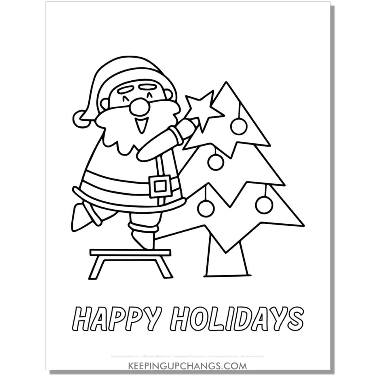 free happy holidays santa putting star on tree coloring page.