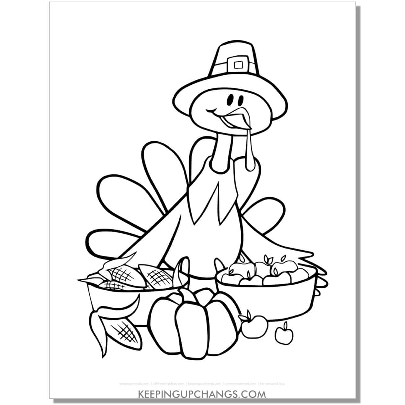 free pilgrim feast turkey coloring page for fall, thanksgiving.