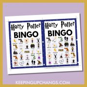 free harry potter bingo card 5x5 5x7 game boards with images and text words.