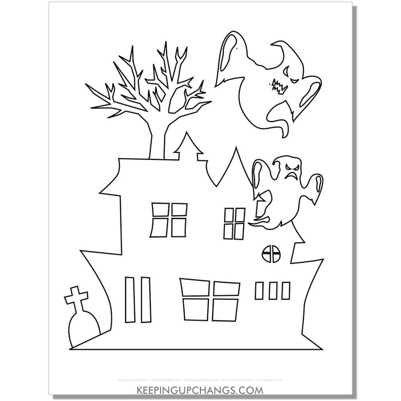 free easy haunted house outline with scary ghosts coloring page.