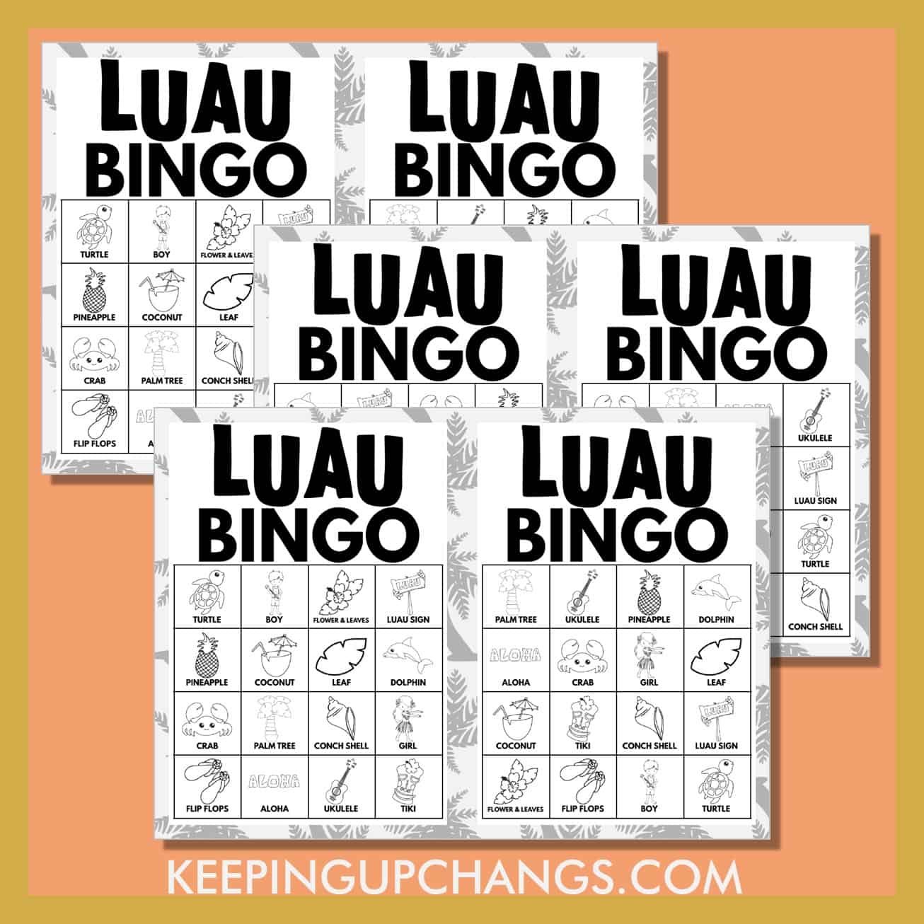 free black, white hawaiian luau bingo 4x4 game cards.