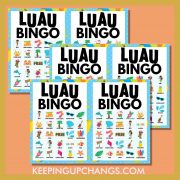 free hawaiian luau bingo 5x5 game cards.