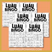 free black, white hawaiian luau bingo 5x5 game cards.