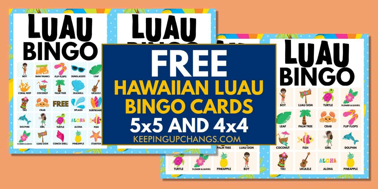free hawaiian luau bingo cards 5x5 4x4 for birthday party, wedding, baby shower.