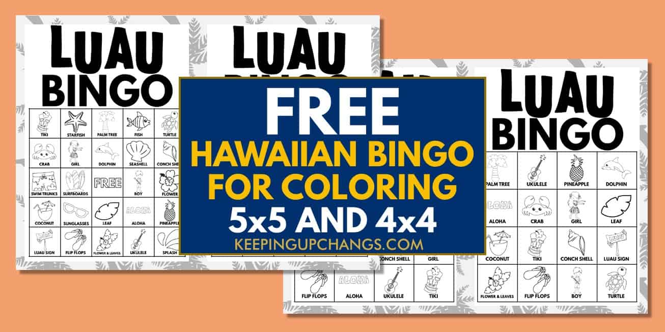 free black, white hawaiian luau bingo cards 5x5 4x4 for birthday party, wedding, baby shower.