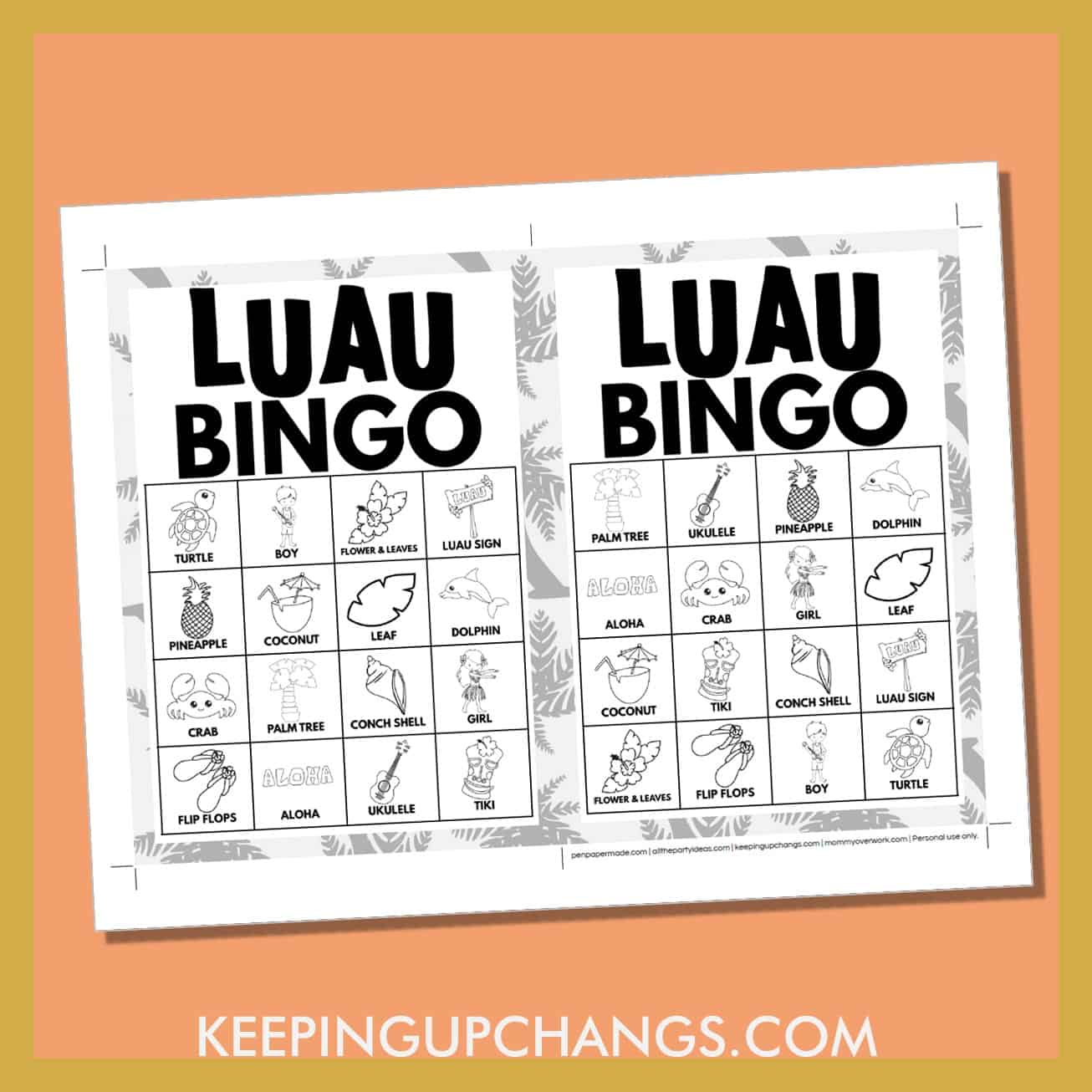 free hawaiian luau bingo card 4x4 5x7 game boards with black, white images and text words.