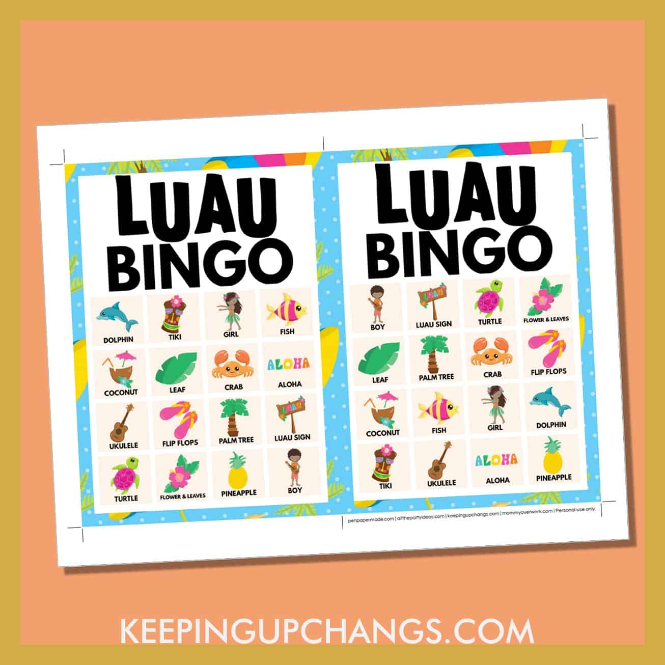 free hawaiian luau bingo card 4x4 5x7 game boards with images and text words.
