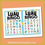 free hawaiian luau bingo card 5x5 5x7 game boards with images and text words.