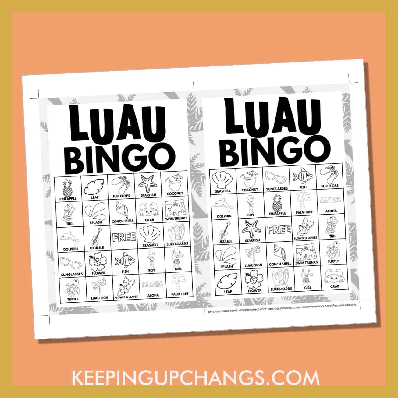 free hawaiian luau bingo card 5x5 5x7 game boards with black, white images and text words.