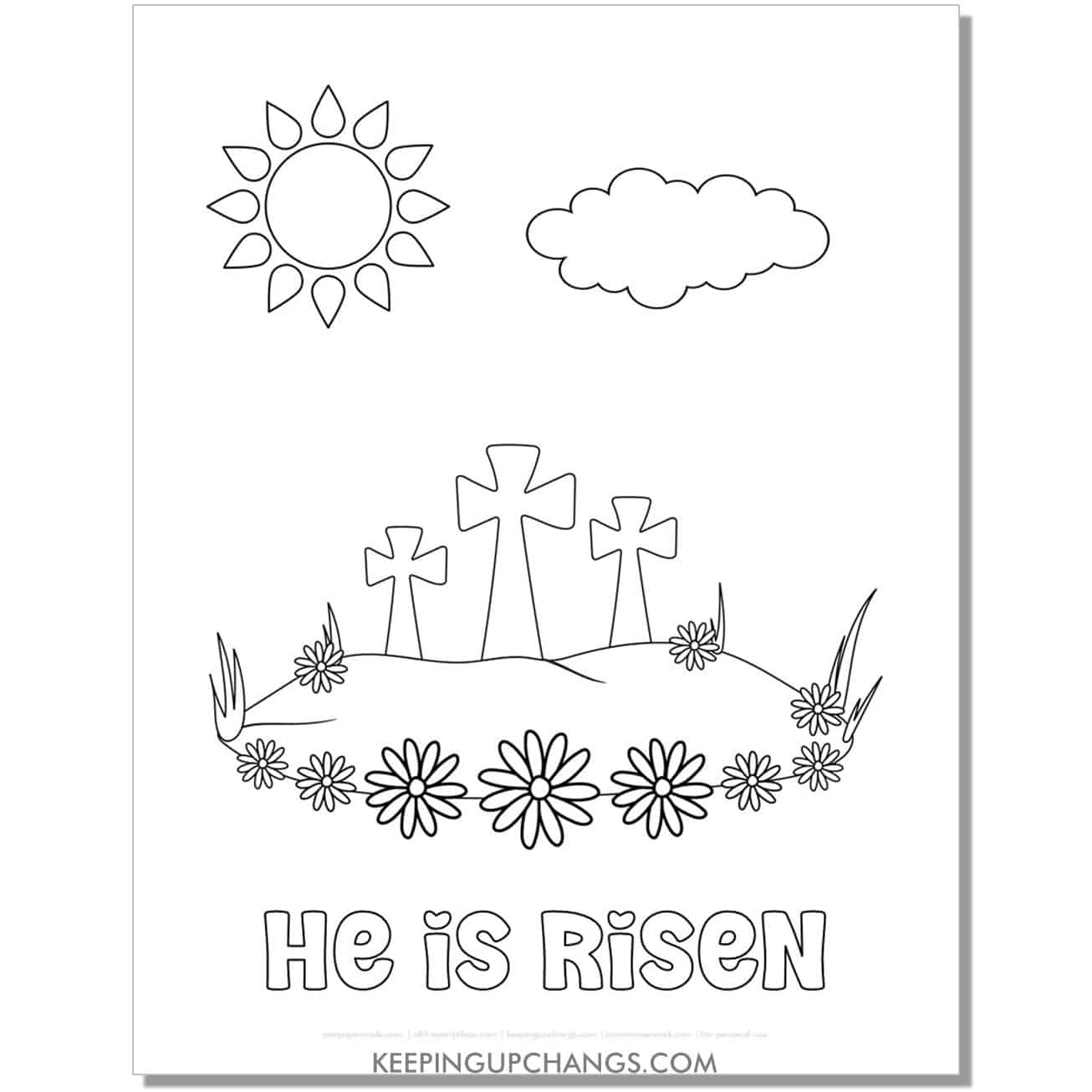 resurrection cross in field with flowers and he is risen text religious easter coloring page, sheet
