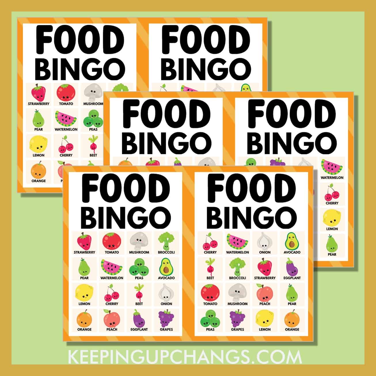 free fruits and veggies food bingo 4x4 game cards.