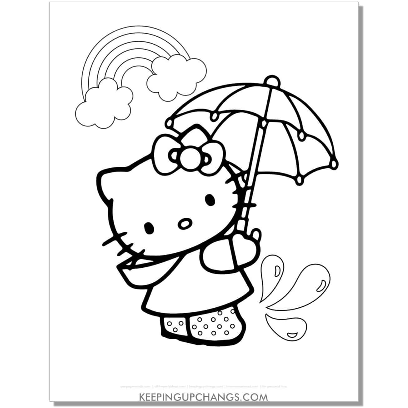 hello kitty with umbrella, rain coat, boots, rainbow coloring page.
