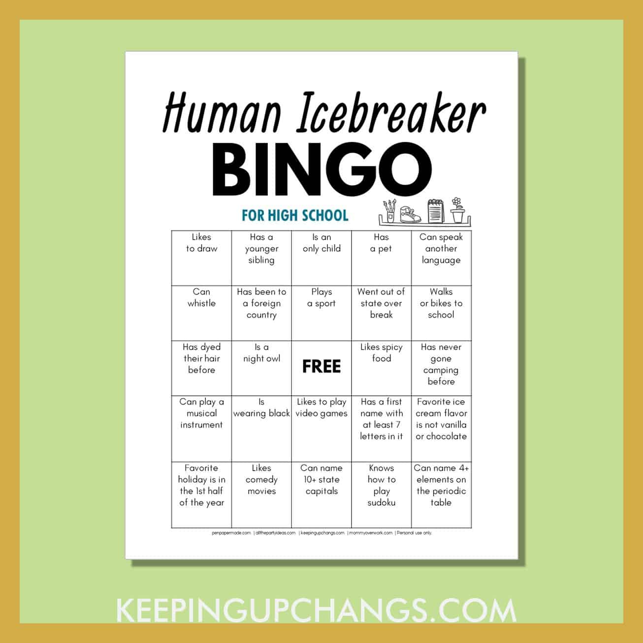 human high school icebreaker bingo with fun getting to know you facts.