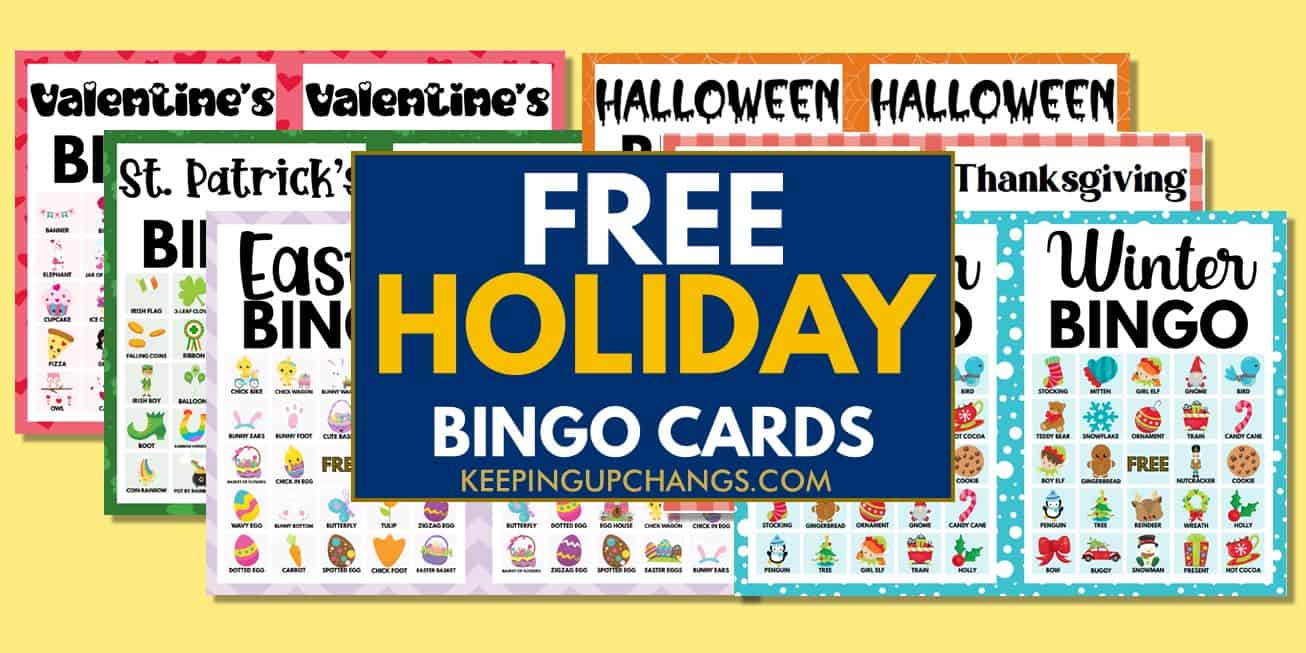 free holiday bingo cards 5x5 4x4 for valentine's, halloween, christmas and more.