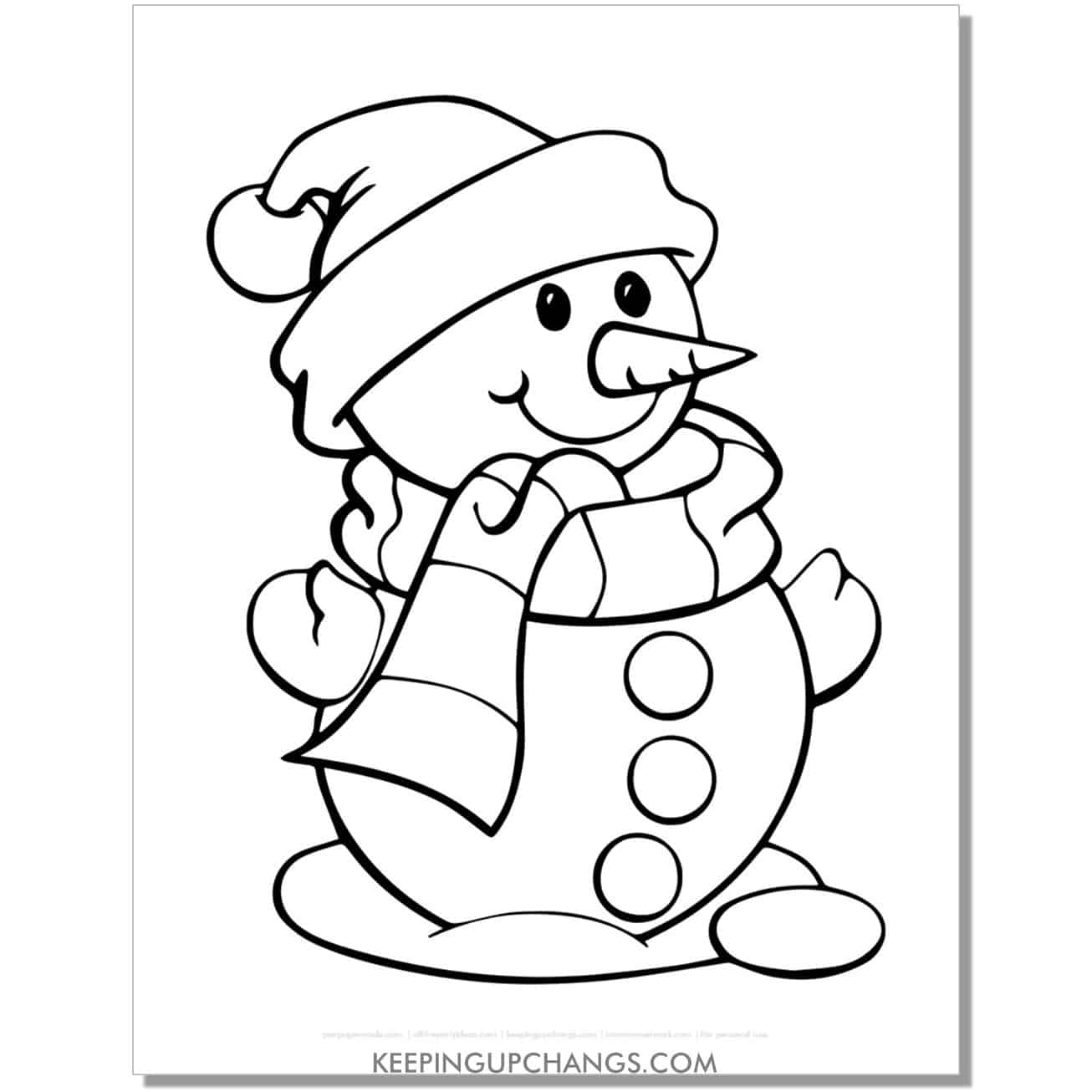 free short snowman coloring page for preschool, toddlers, kindergarten.