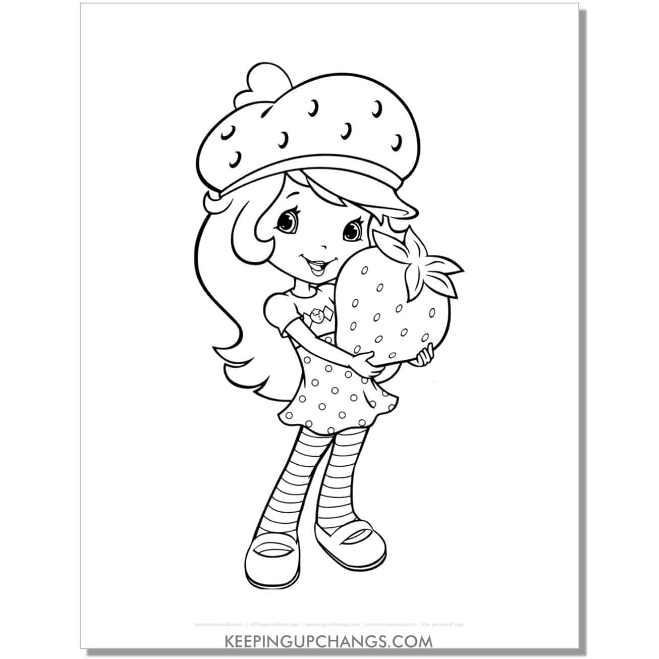 free strawberry shortcake holding large berry coloring page, sheet.