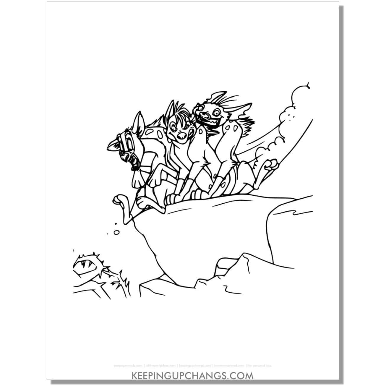 mischievous hyenas lion king coloring page, sheet.