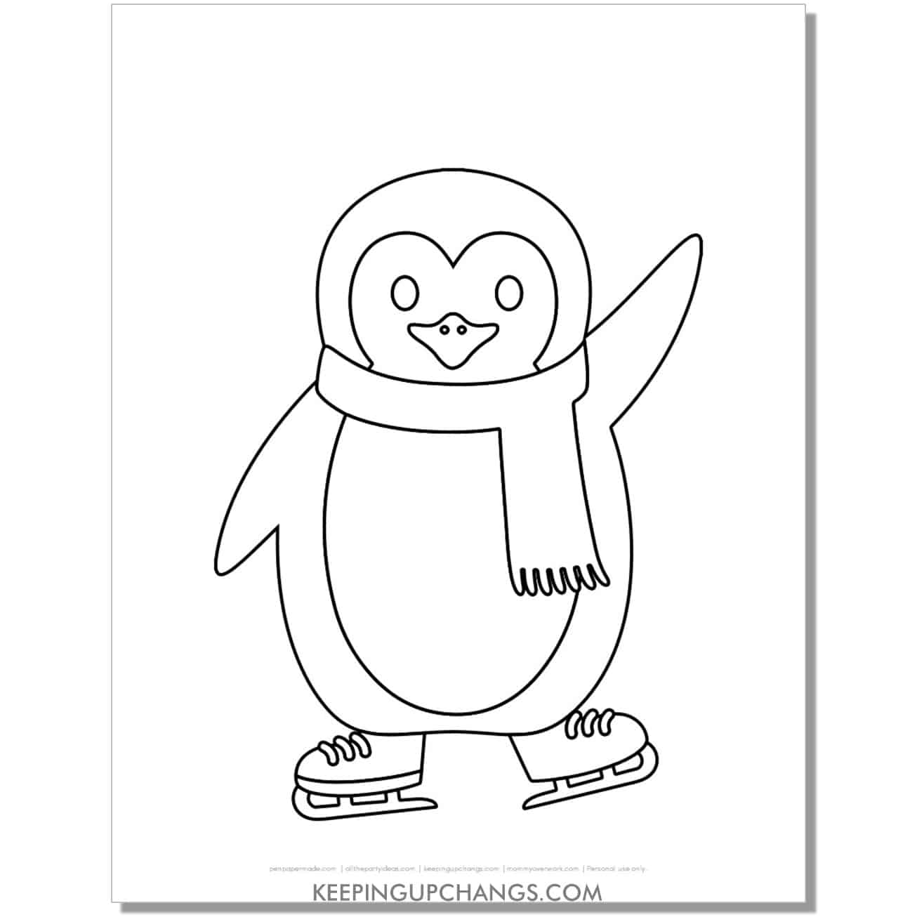 free penguin with ice skates coloring page.