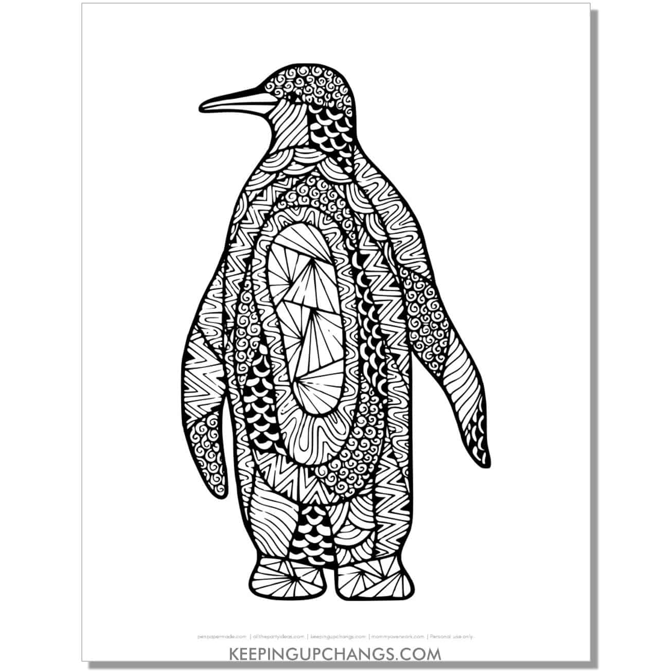 free detailed zentangle mandala penguin coloring page for adults.