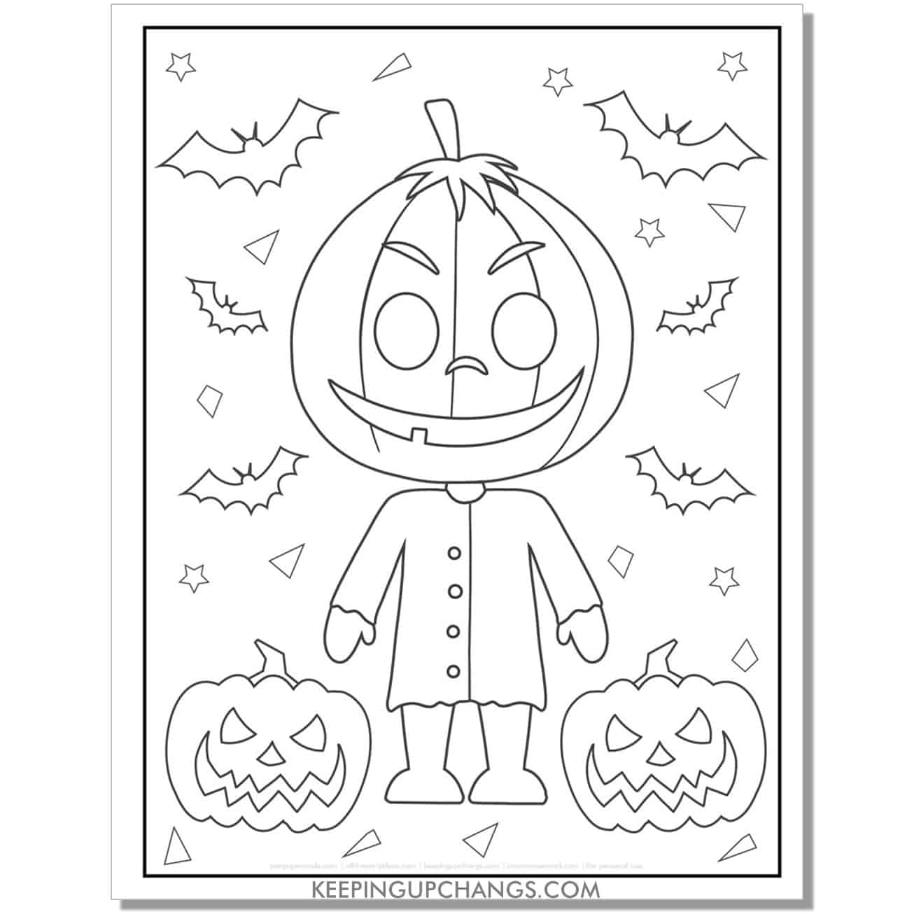free halloween pumpkin head and jack o lantern with bats coloring page.