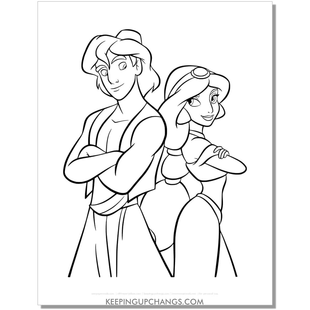 jasmine, aladdin with arms crossed, backs together coloring page, sheet.