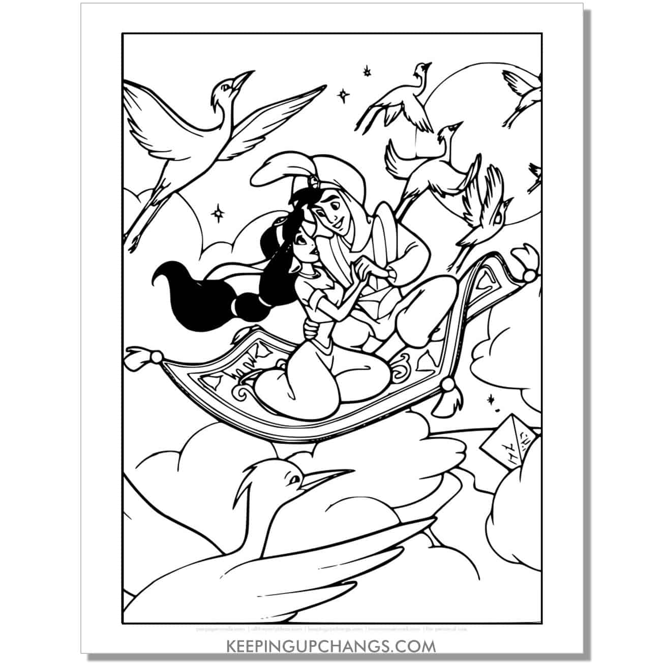 jasmine and aladdin flying on magic carpet coloring page, sheet.