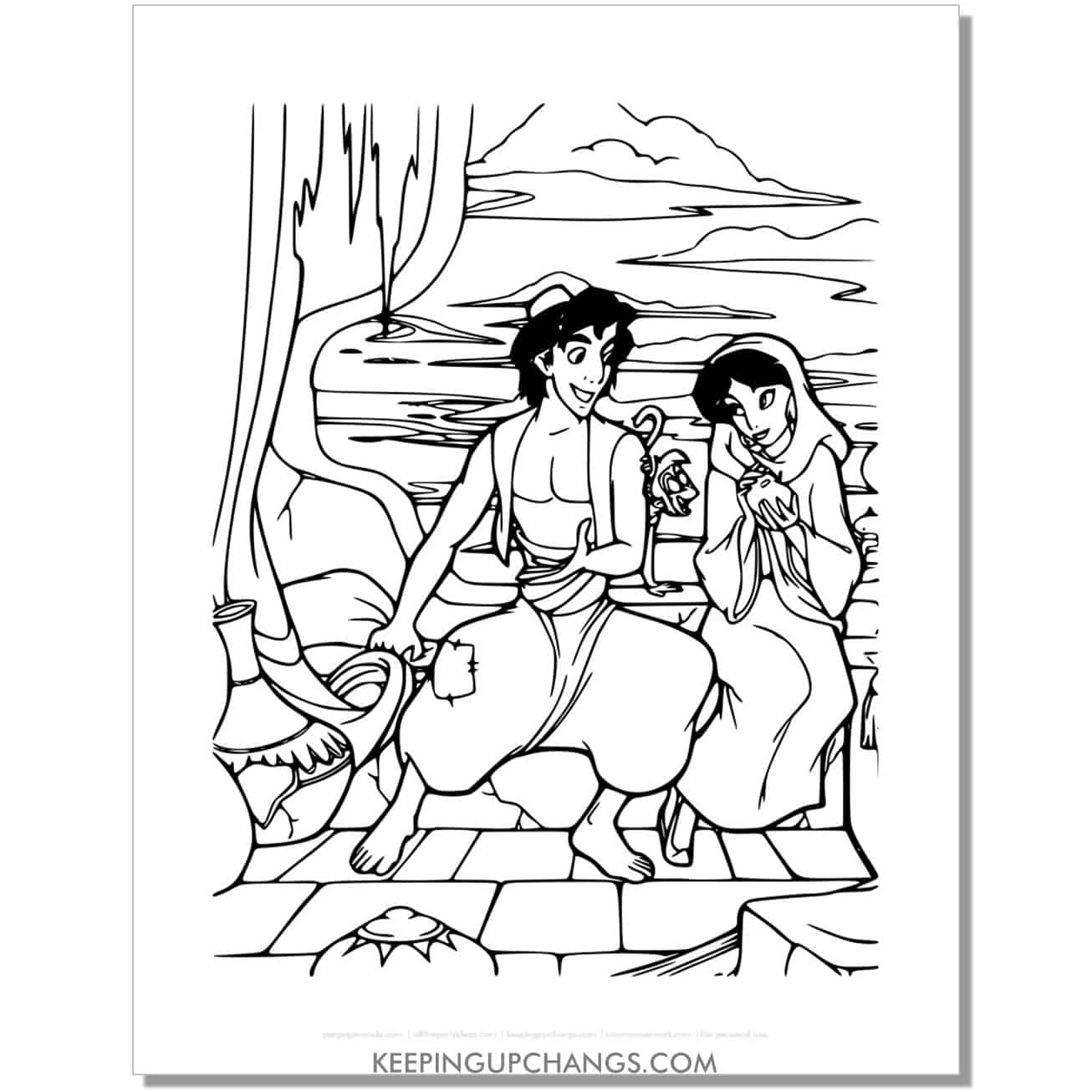jasmine hanging out with aladdin as civilian coloring page, sheet.