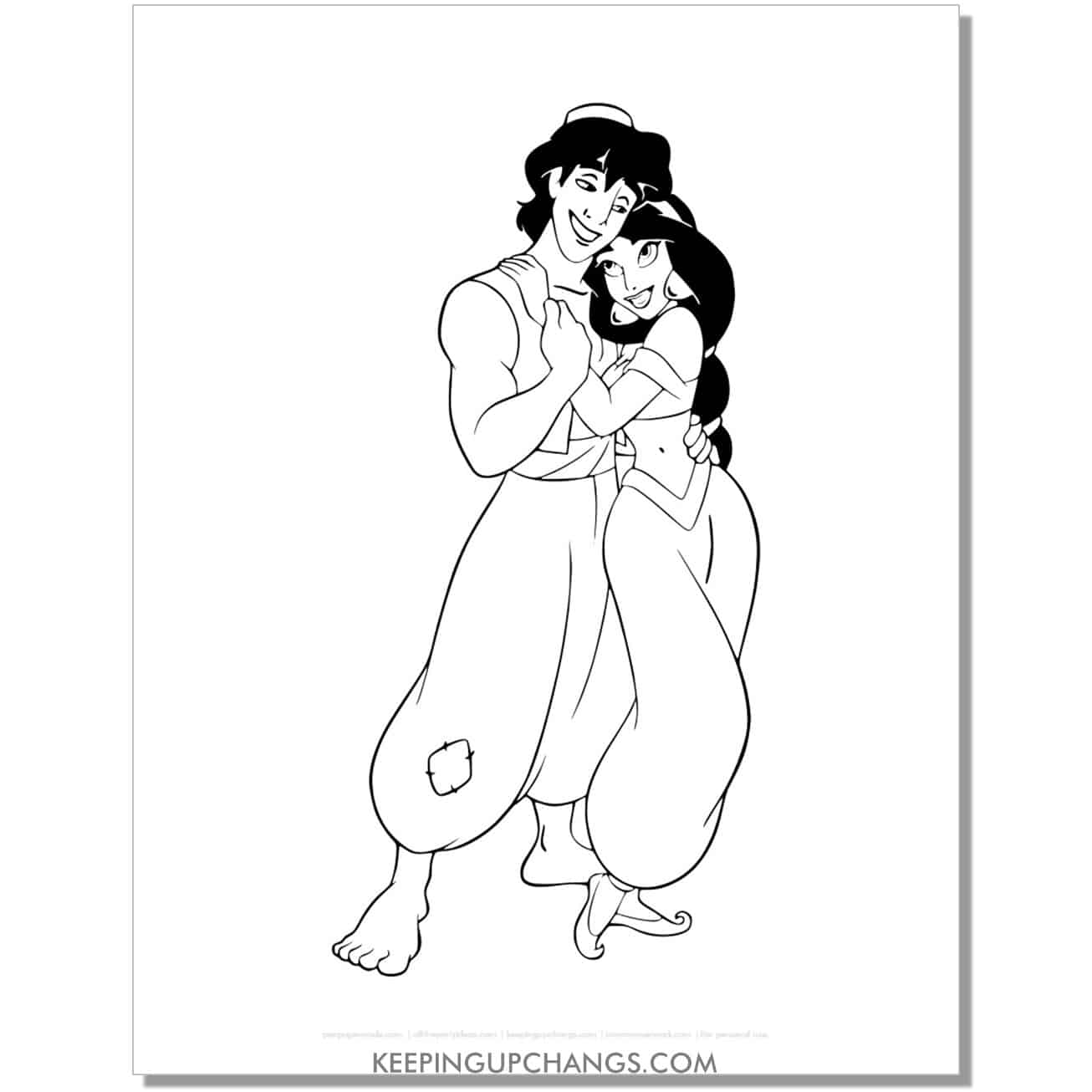 jasmine hugging aladdin in civilian clothes coloring page, sheet.