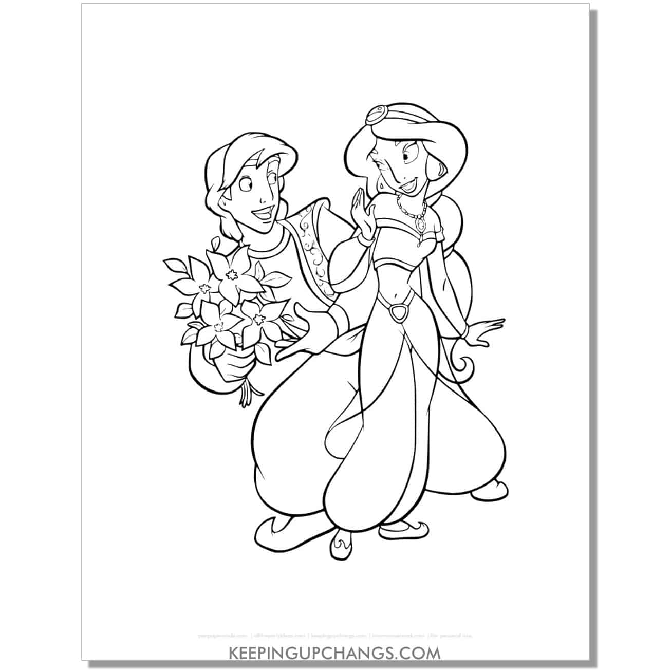 jasmine receives flowers from aladdin coloring page, sheet.