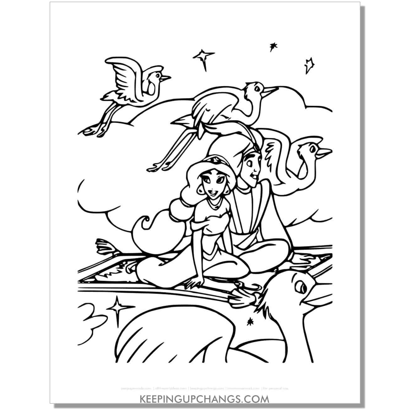 jasmine, aladdin among birds in sky coloring page, sheet.