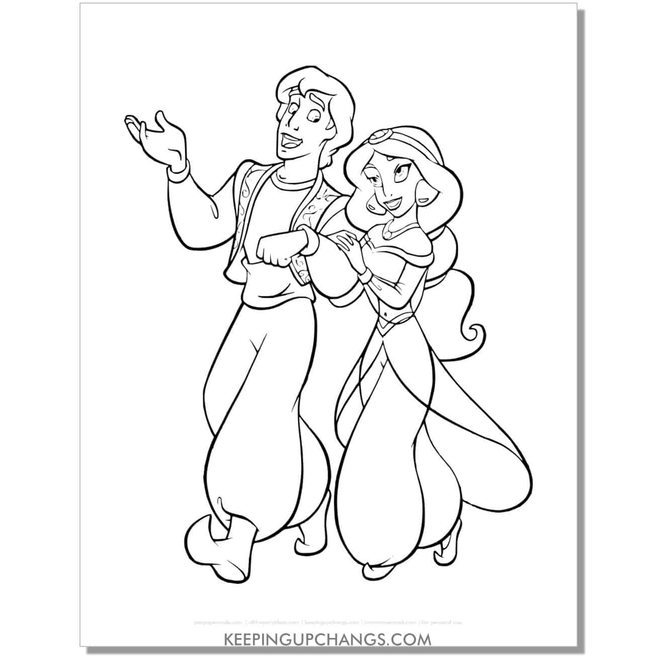 jasmine linking arms with aladdin coloring page, sheet.