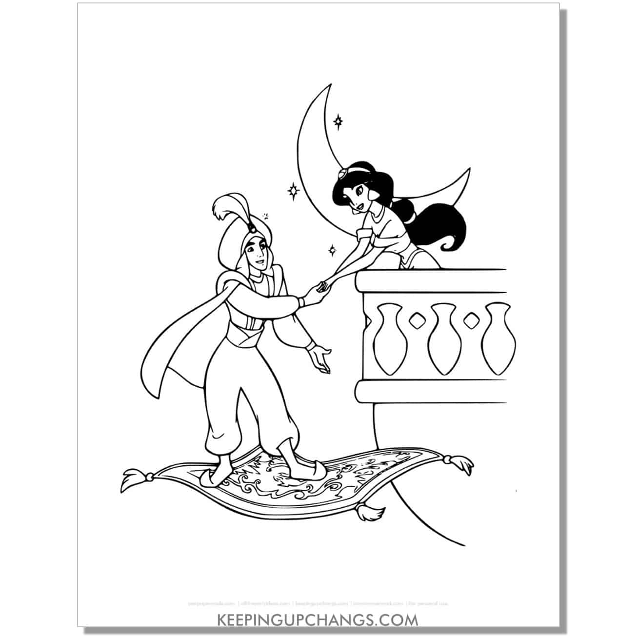 aladdin inviting jasmine onto flying carpet coloring page, sheet.