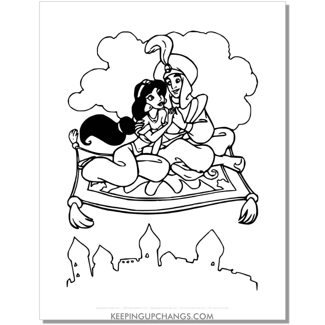 jasmine and aladdin flying above skyline coloring page, sheet.