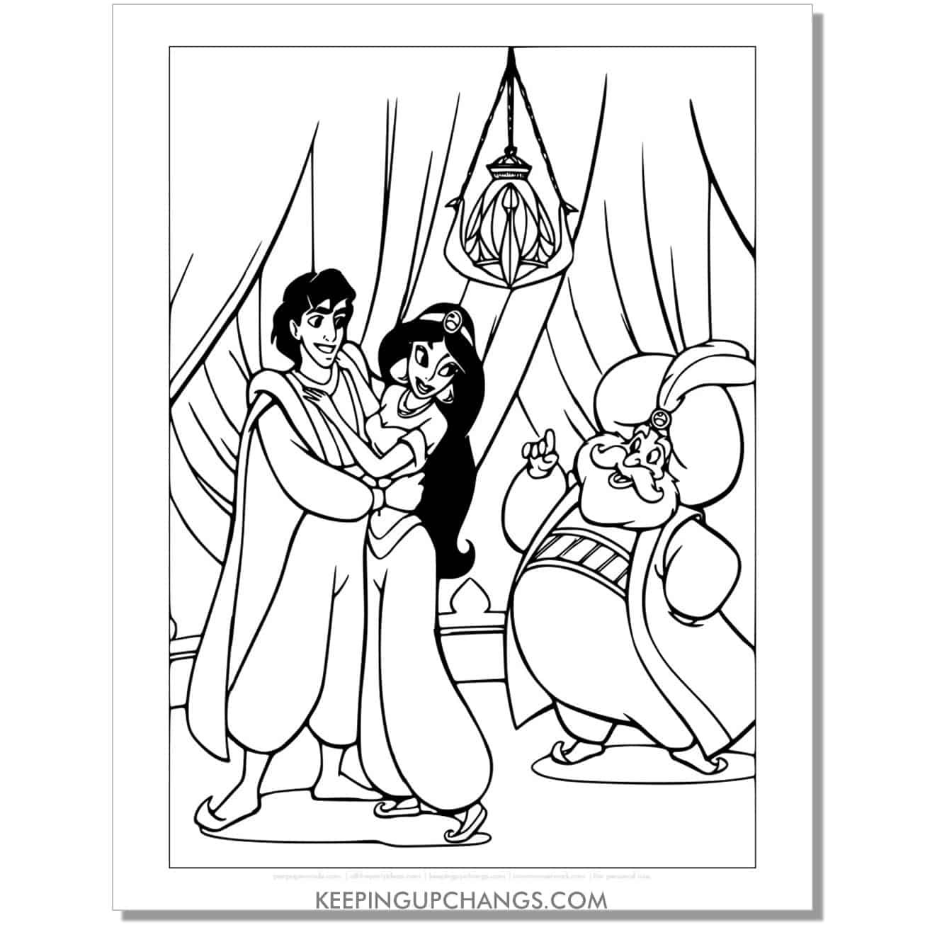 jasmine and aladdin with sultan happy ending with coloring page, sheet.