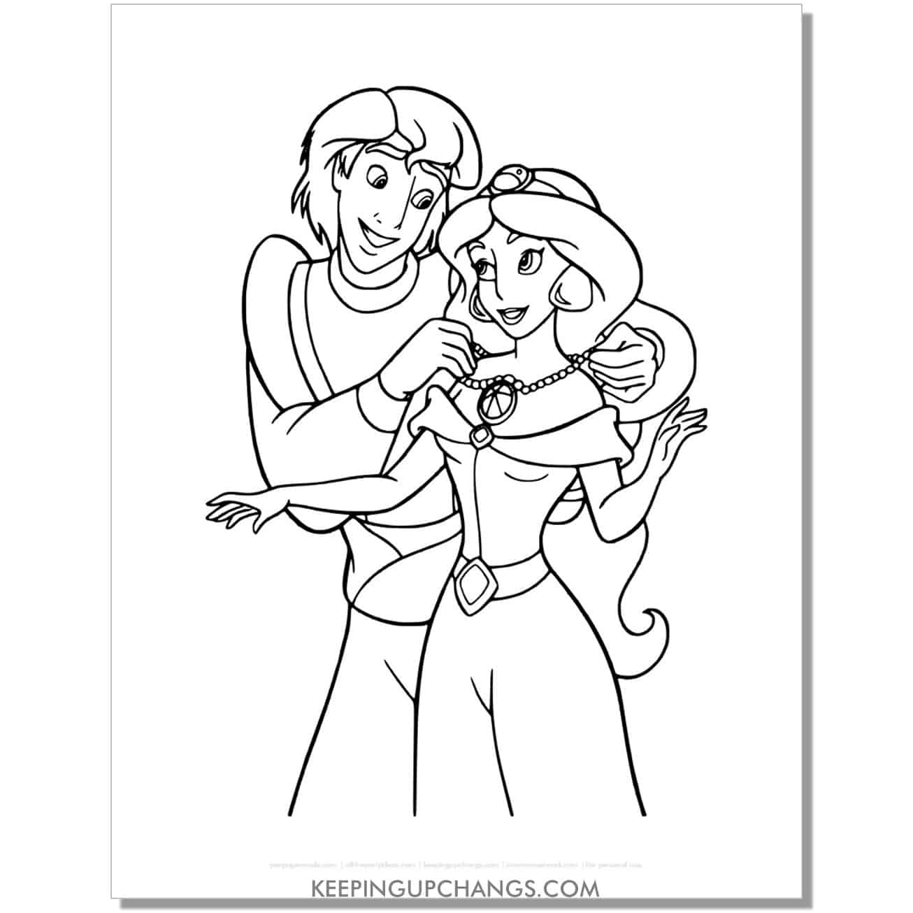 jasmine getting necklace from aladdin coloring page, sheet.