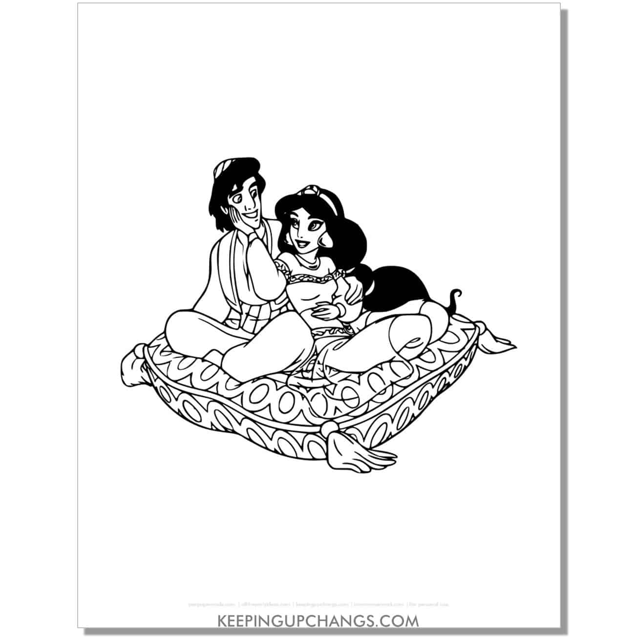 jasmine, aladdin on fluffy pillow coloring page, sheet.