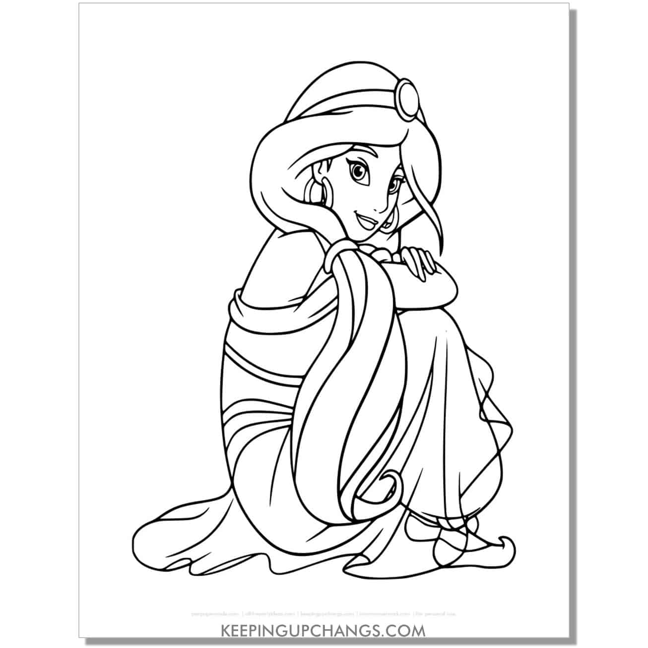 jasmine sitting with arms on knees coloring page, sheet.