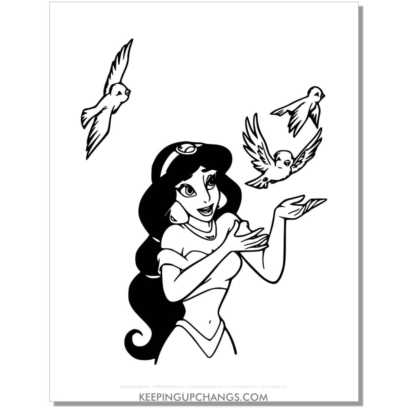 jasmine playing with birds coloring page, sheet.
