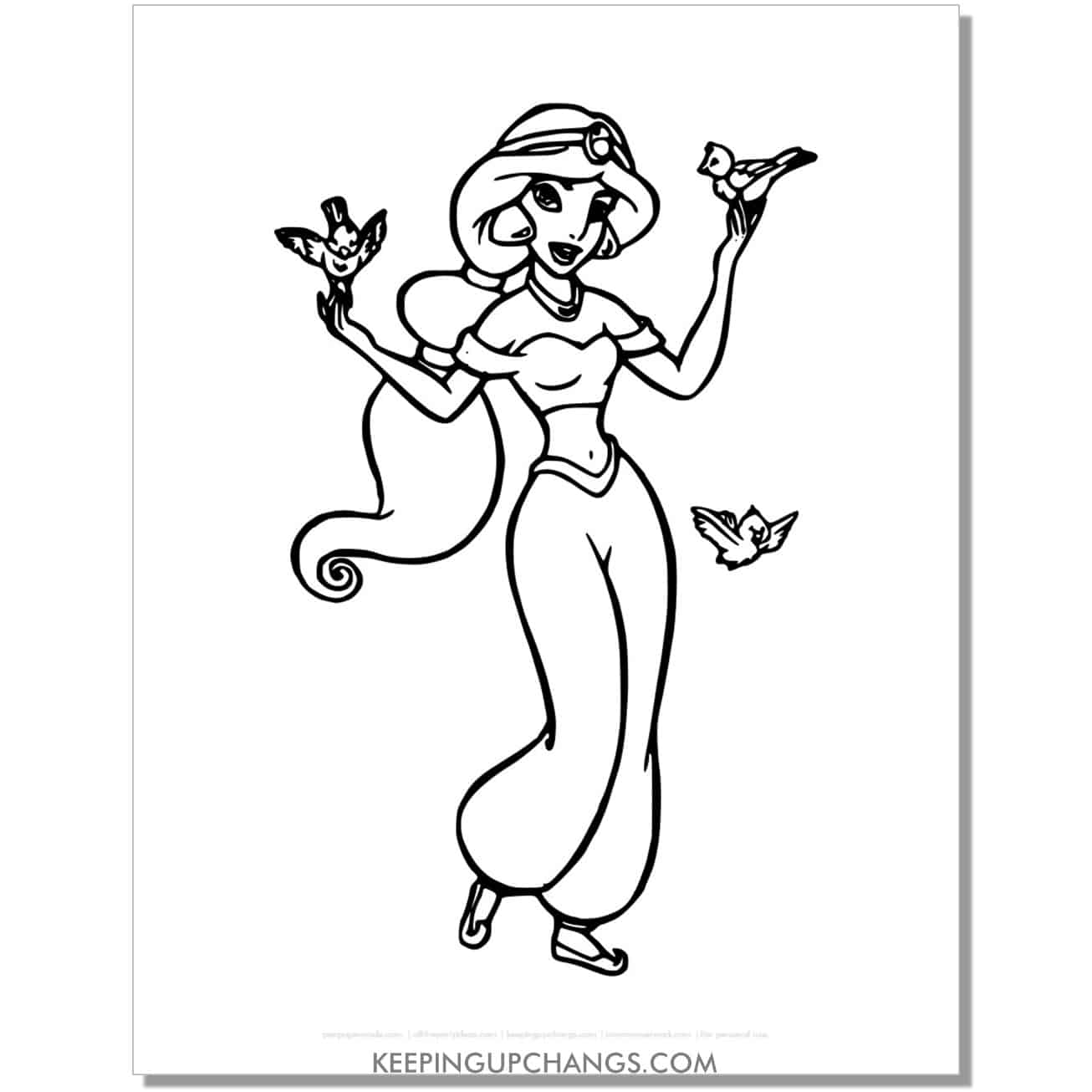 jasmine with birds coloring page, sheet.