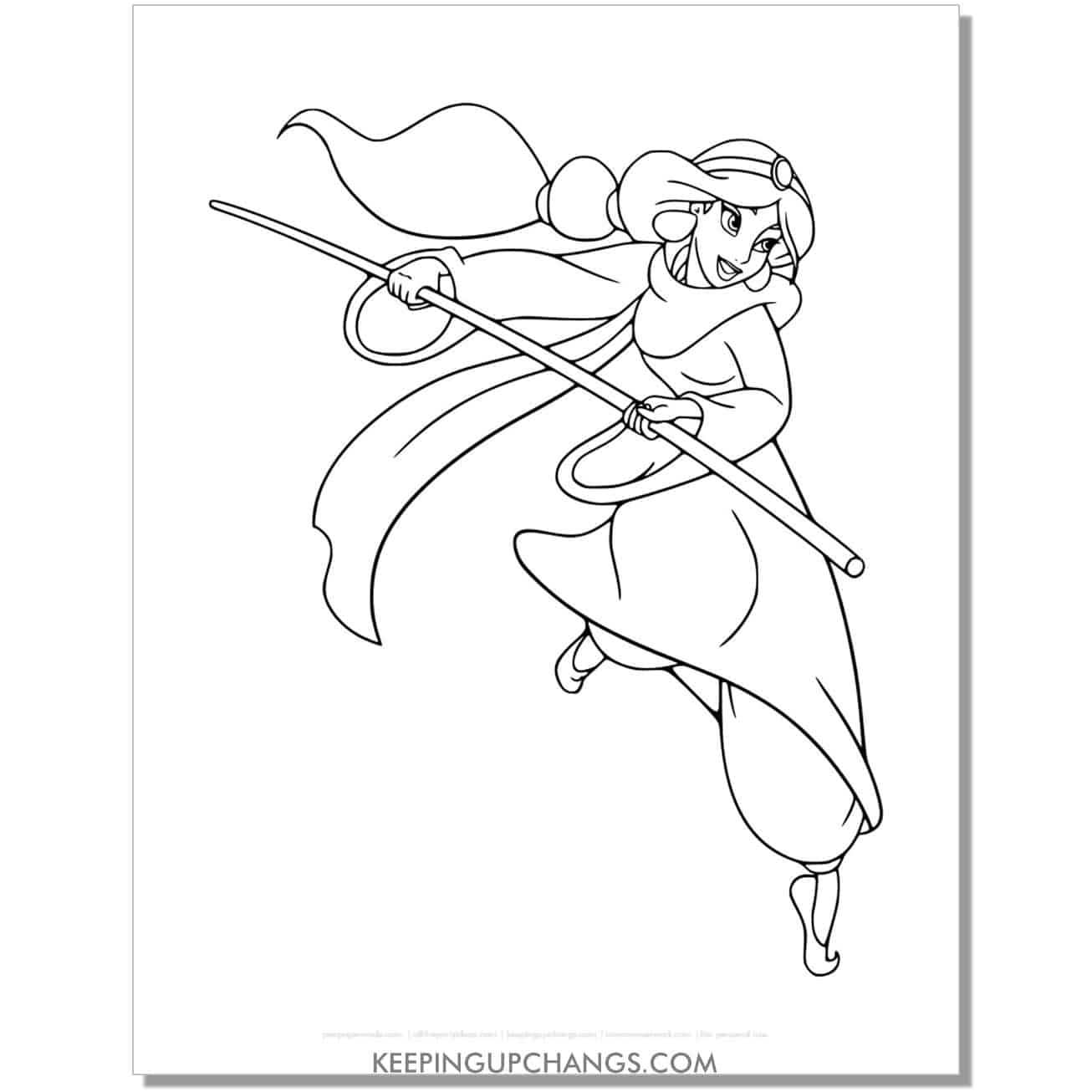 jasmine with staff stick coloring page, sheet.