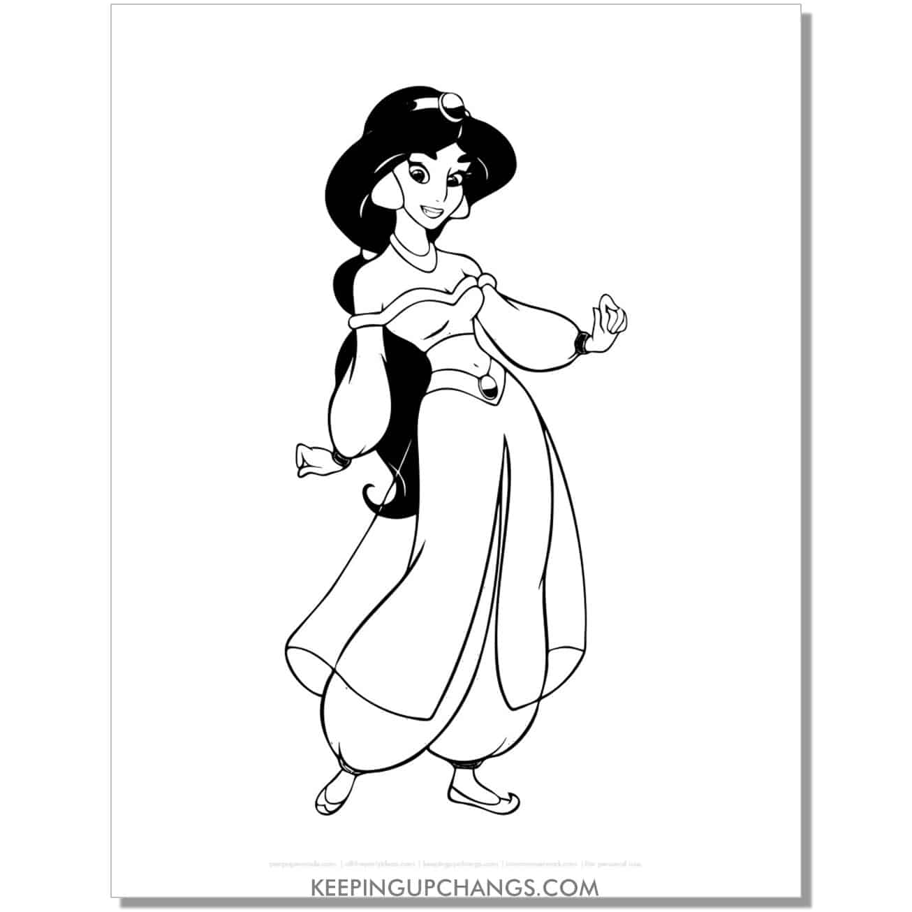 jasmine standing with foot to side coloring page, sheet.