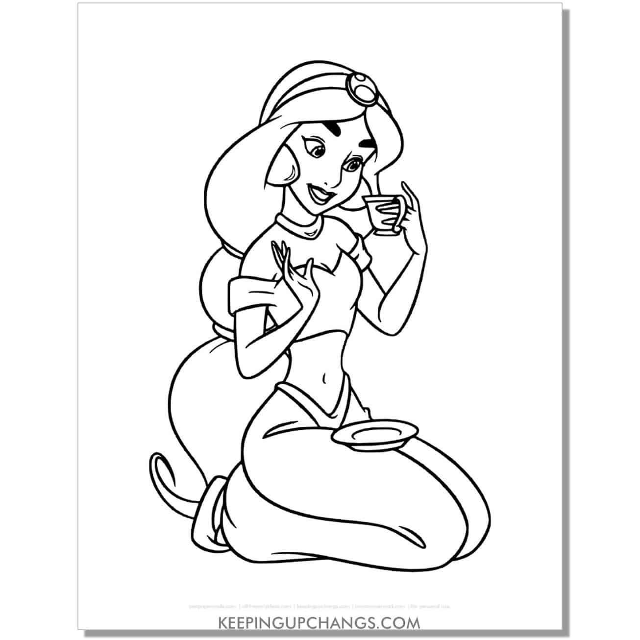 jasmine drinking cup of tea coloring page, sheet.