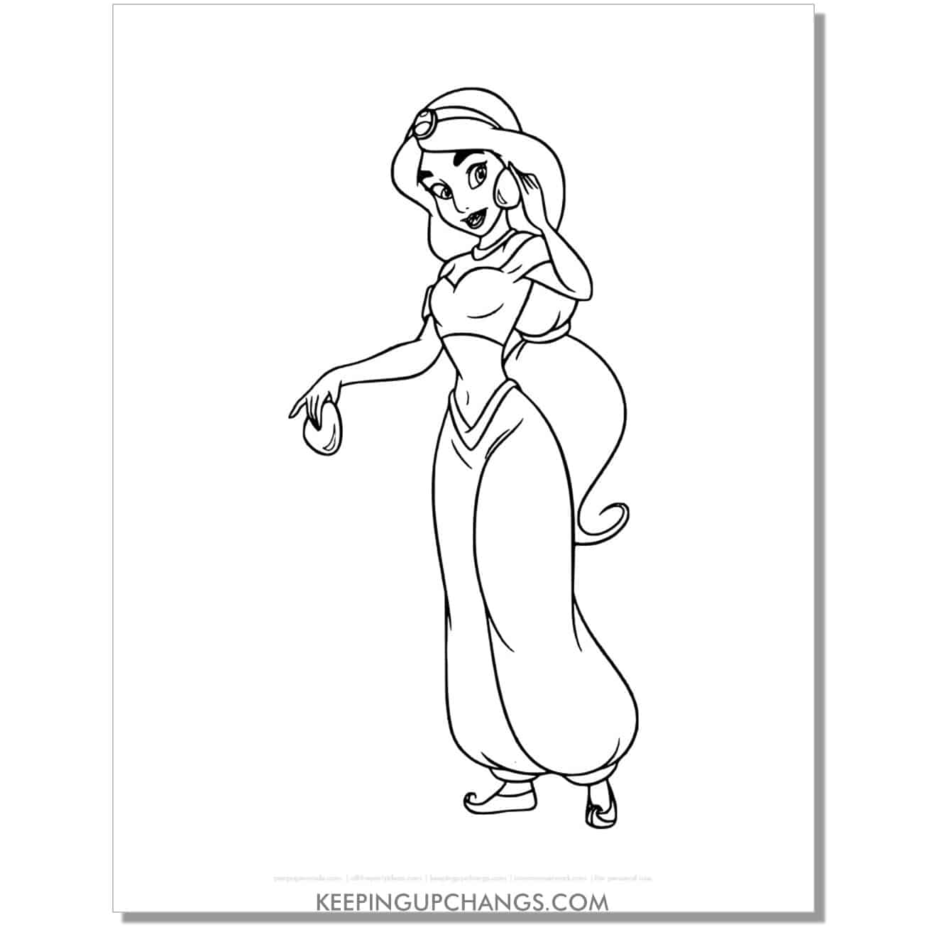 jasmine putting on earrings coloring page, sheet.