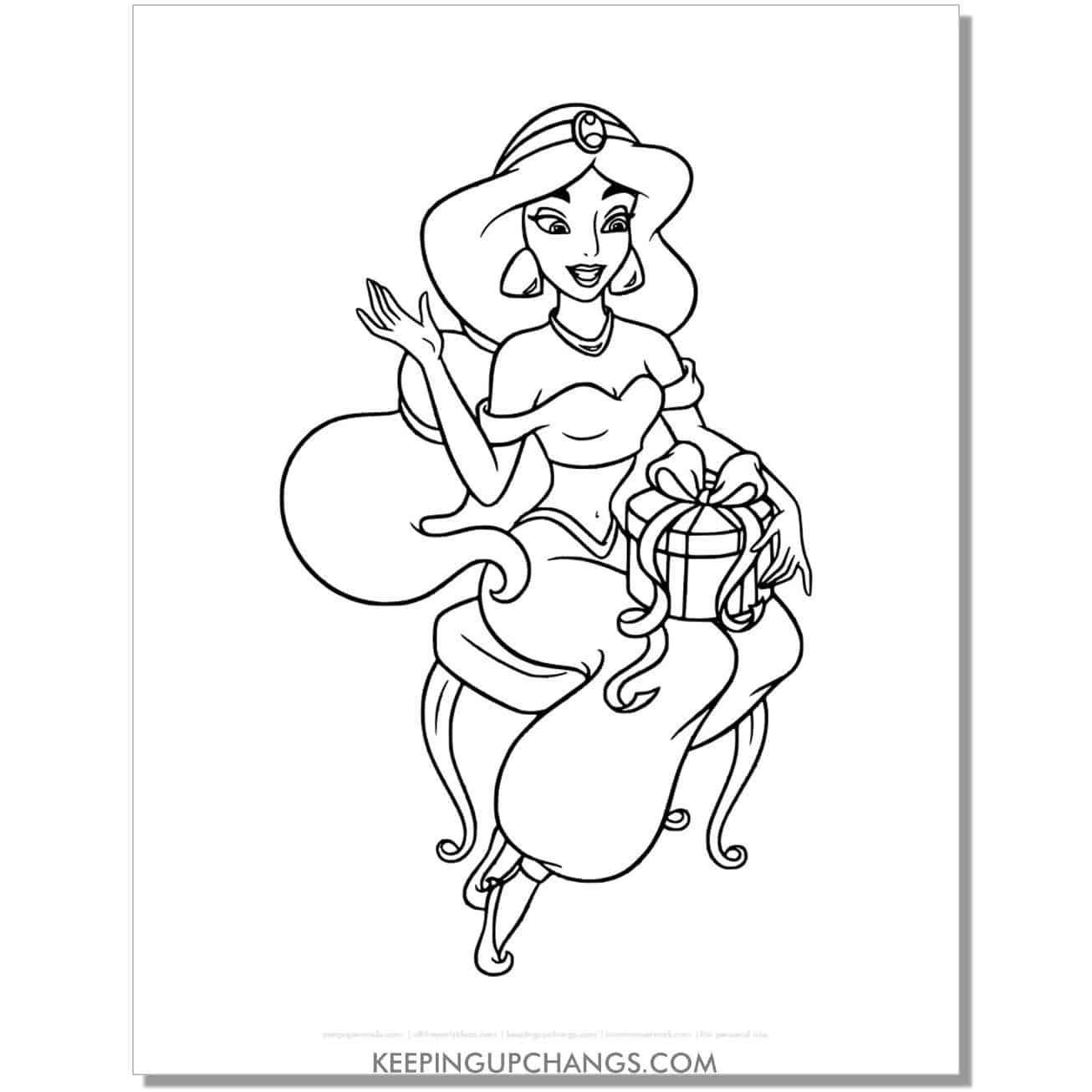 jasmine opening present coloring page, sheet.